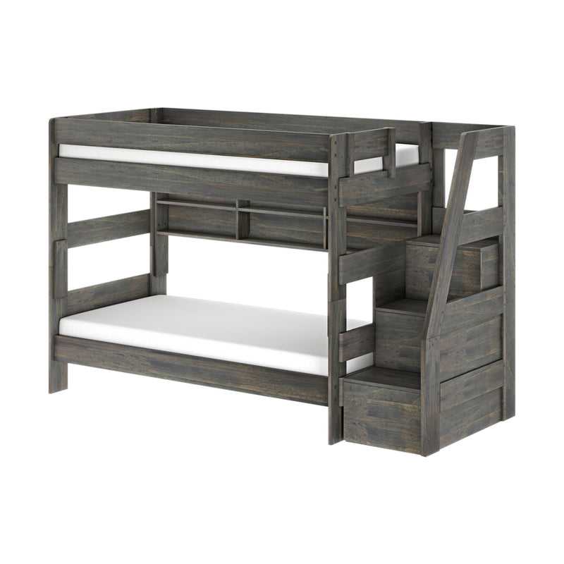 Modern Farmhouse Twin Over Twin Bunk Bed With Stairs & Bookcase