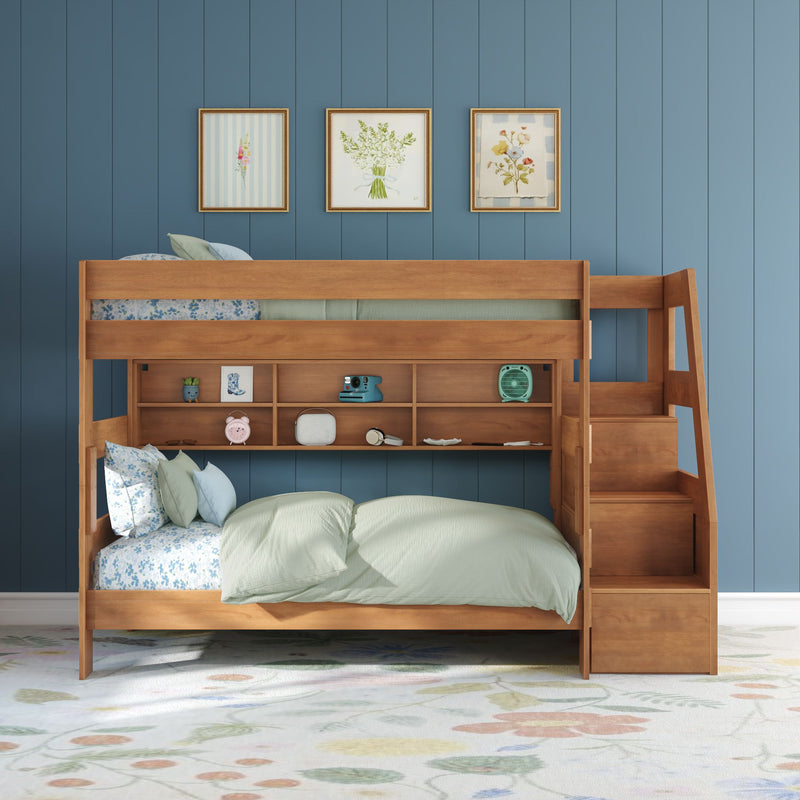Modern Farmhouse Twin Over Twin Bunk Bed With Stairs & Bookcase