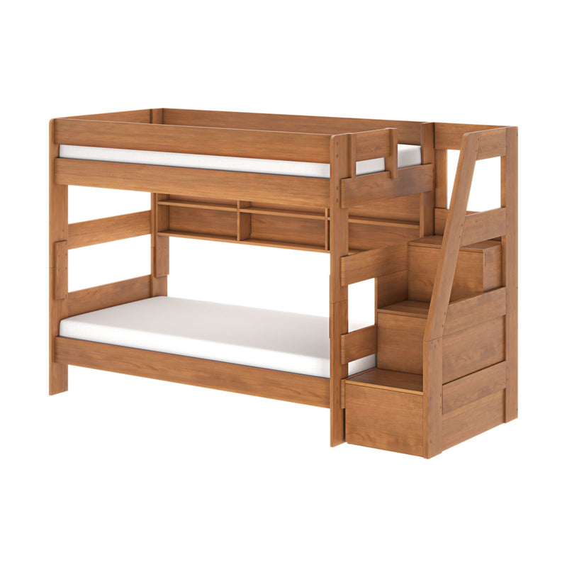 Modern Farmhouse Twin Over Twin Bunk Bed With Stairs & Bookcase