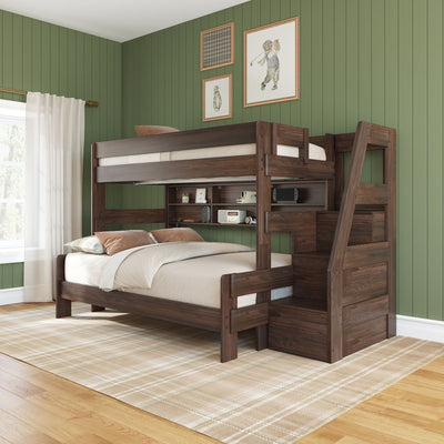 Dark wood kids loft bunk bed with built-in storage shelves and ladder against green vertical paneled wall in cozy children's bedroom with beige bedding, plaid rug and sheer curtains
