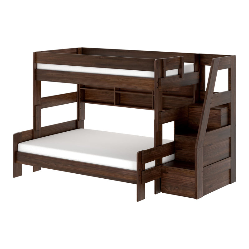 Modern Farmhouse Twin Over Full Bunk Bed With Stairs & Bookcase