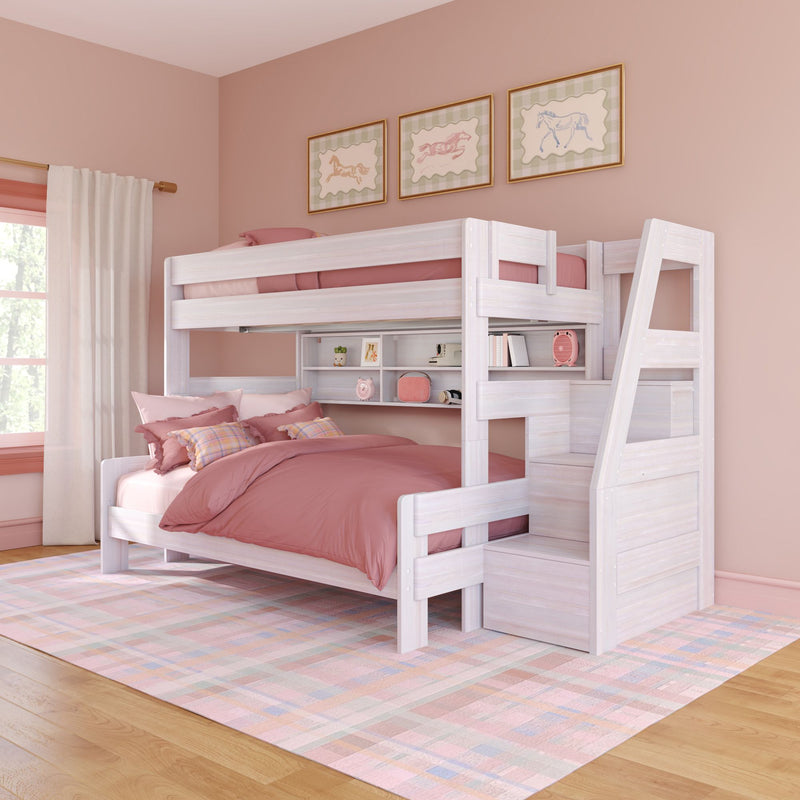 Modern Farmhouse Twin Over Full Bunk Bed With Stairs & Bookcase