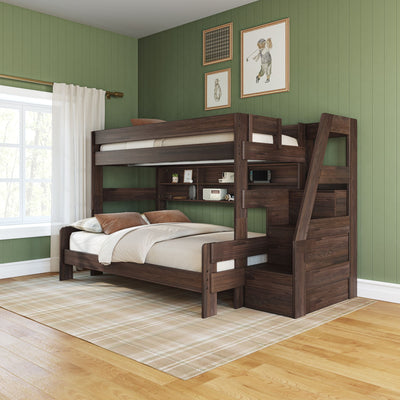 Dark wood twin-over-full bunk bed with built-in shelves and ladder in cozy kids' bedroom with green paneled wall, framed art, window with sheer curtains and plaid rug