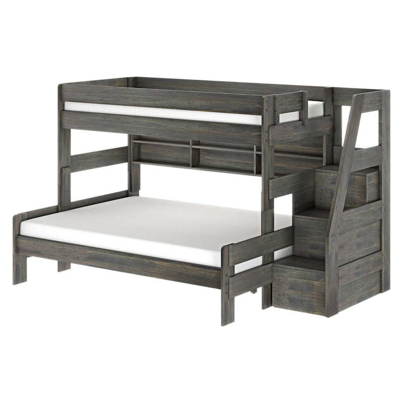 Modern Farmhouse Twin XL Over Queen Bunk Bed With Stairs & Bookcase