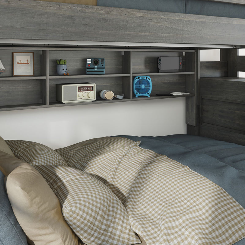 Modern Farmhouse Twin XL Over Queen Bunk Bed With Stairs & Bookcase