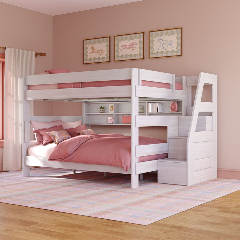 Modern Farmhouse Queen Over Queen Bunk Bed With Stairs & Bookcase