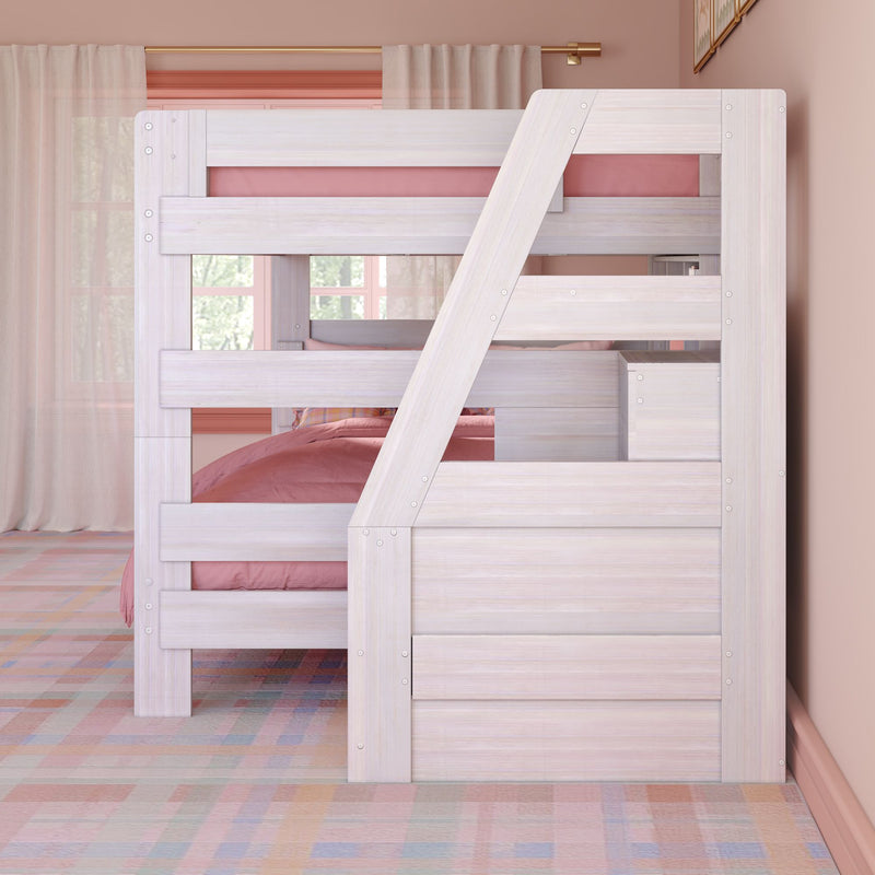 Modern Farmhouse Queen Over Queen Bunk Bed With Stairs & Bookcase