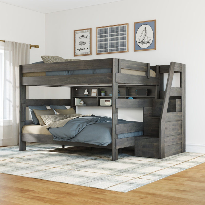 Modern Farmhouse Queen Over Queen Bunk Bed With Stairs & Bookcase