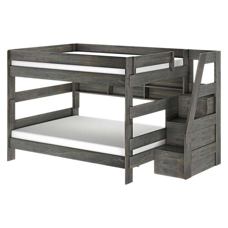 Modern Farmhouse Queen Over Queen Bunk Bed With Stairs & Bookcase