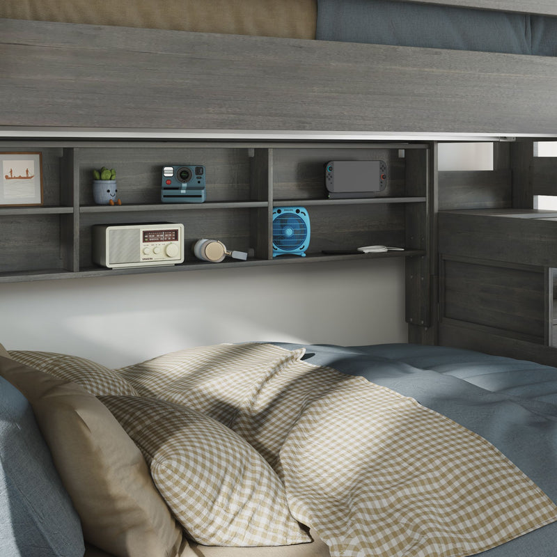 Modern Farmhouse Queen Over Queen Bunk Bed With Stairs & Bookcase