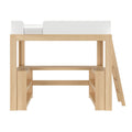 Light oak twin loft bed with white guardrail, angled ladder, built-in desk and open shelving — space-saving kids' bedroom furniture