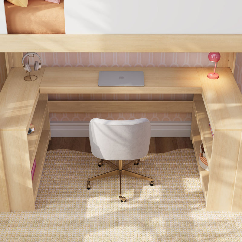 Cozy home office study nook with built-in light wood desk, closed MacBook laptop, white swivel chair, pink desk lamp and headphone stand