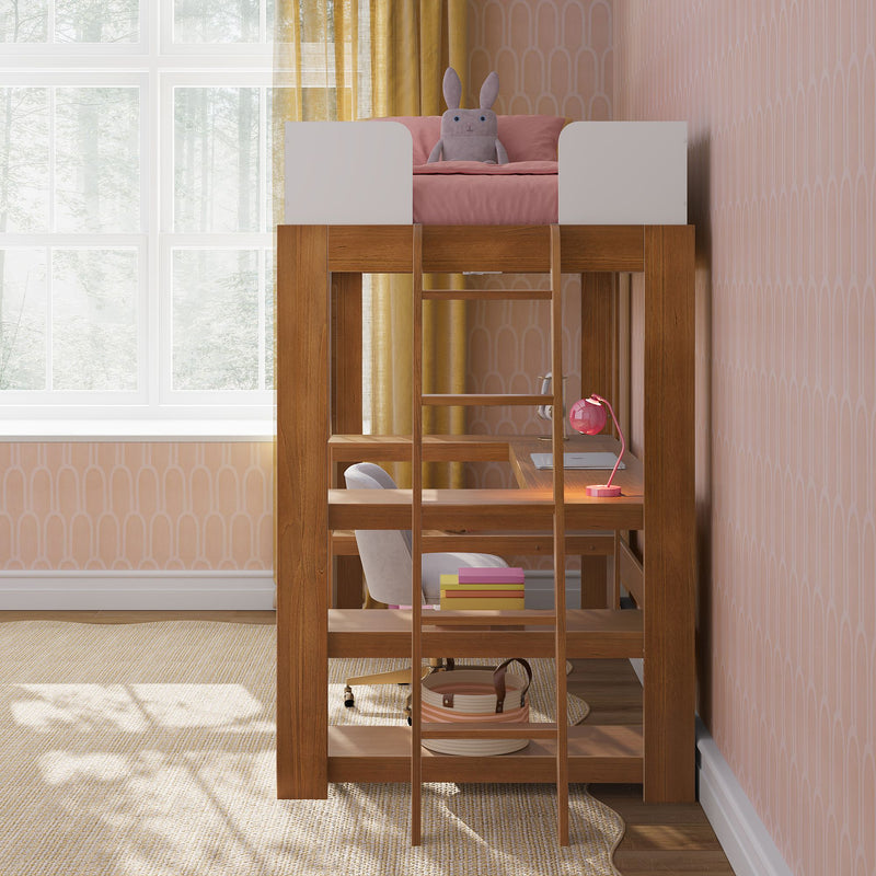 Wooden loft bed with ladder and built-in study desk, pink bedding and stuffed bunny in a sunlit kids' bedroom with yellow curtains and pink lamp