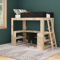 Light‑wood loft bed with built‑in desk and ladder in a modern kids’ bedroom, black safety rail and striped pillows atop, tucked workspace with swivel chair, laptop, headphones and shelving against a dark green accent wall