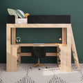 Light-wood loft bed with built-in desk and ladder, green accent wall, black chair, laptop, headphones and pillows