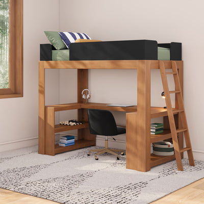 Space-saving wooden loft bed with built-in desk and ladder, black guardrails, green bedding and striped pillow, modern study workspace