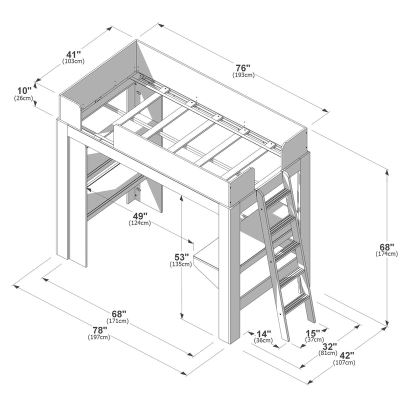Loft bunk bed technical diagram with ladder, guardrails and under-bed storage, detailed dimensions labeled in inches and centimeters (examples: 76", 78", 68", 53")