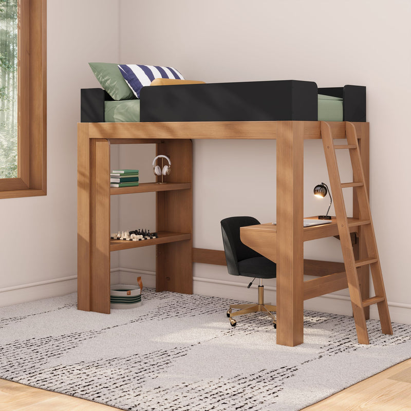 Modern wooden loft bed with built-in desk and ladder, black safety rails, green bedding and striped pillow — space-saving kids loft bed and study nook with chair, desk lamp, books and headphones
