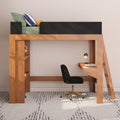 Modern wood loft bed with built-in desk and ladder, natural wood finish study nook with black guardrail, desk lamp, laptop, ergonomic black chair and decorative green and blue striped pillows