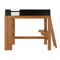 Solid wood loft bed with ladder and built-in shelves, natural wood finish and black safety rail, space-saving bunk bed