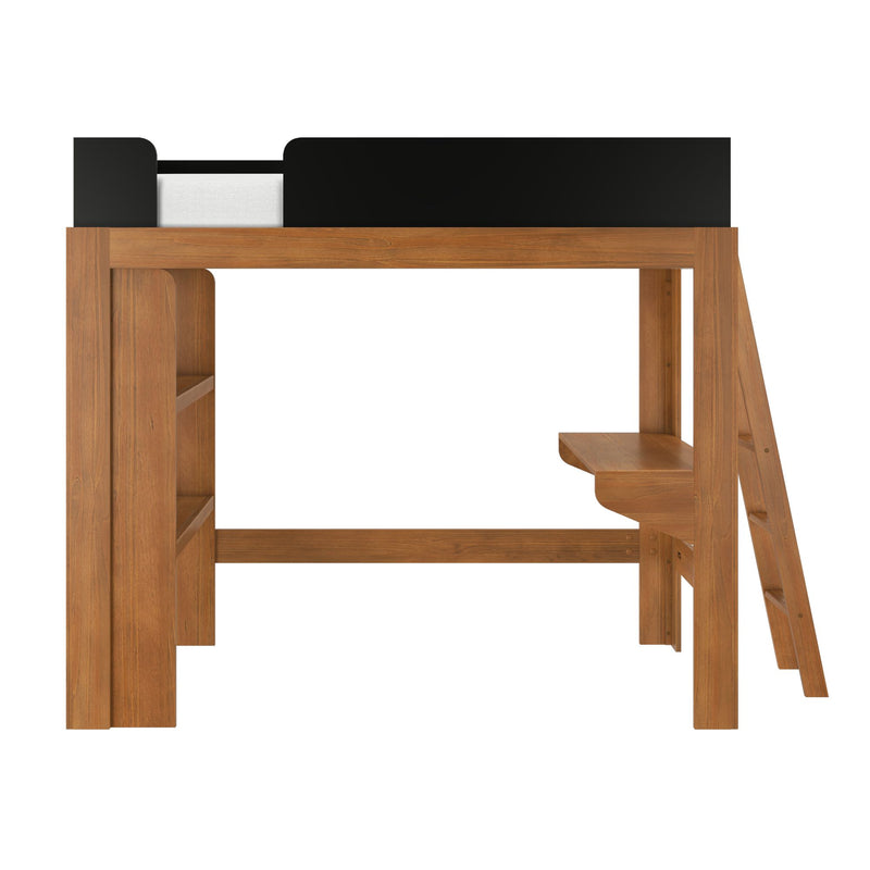 Solid wood loft bed with ladder and built-in shelves, natural wood finish and black safety rail, space-saving bunk bed