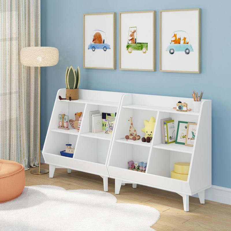 Modern kids nursery with white toy organizer shelves, wooden toys and plush star, blue accent wall and three framed animal car prints