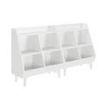 White freestanding wooden kids' book display shelf with angled cubby compartments and multiple storage bins, modern nursery toy organizer