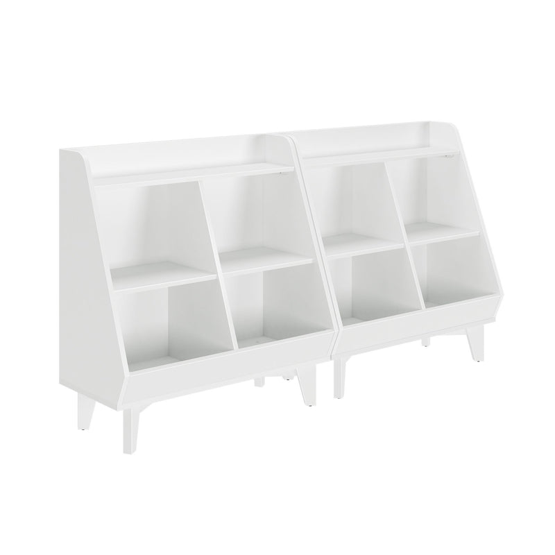 White freestanding wooden kids' book display shelf with angled cubby compartments and multiple storage bins, modern nursery toy organizer