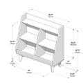 Angled wooden toy organizer bookshelf with six open cubbies, top shelf and tapered legs, assembly diagram showing dimensions 36.25" W × 36.75" H × 29" D (92 × 93 × 74 cm)