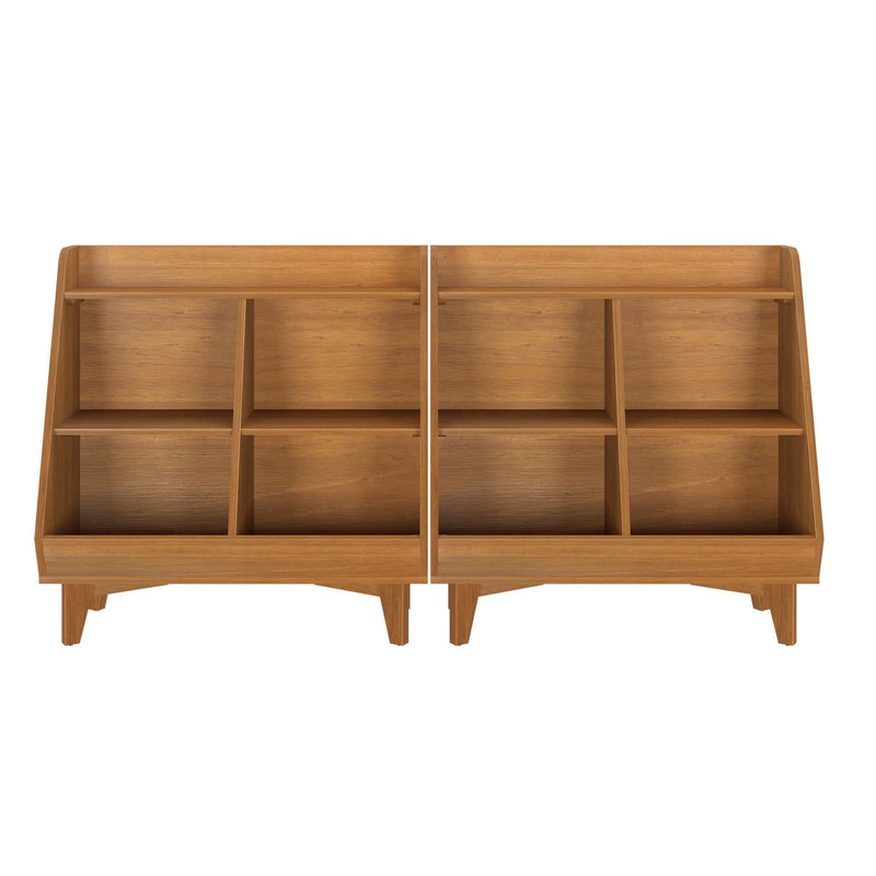 Pair of mid-century modern oak cubby shelves, wooden modular 3x3 storage units for books, toys and home organization
