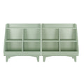 Mint green modular cubby storage shelf with multiple compartments and mid-century-style legs, ideal for nursery, kids' room, entryway, or office organization