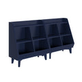 Navy blue multi-compartment shelving unit with angled cubbies and raised legs, modern storage organizer for retail displays and home use