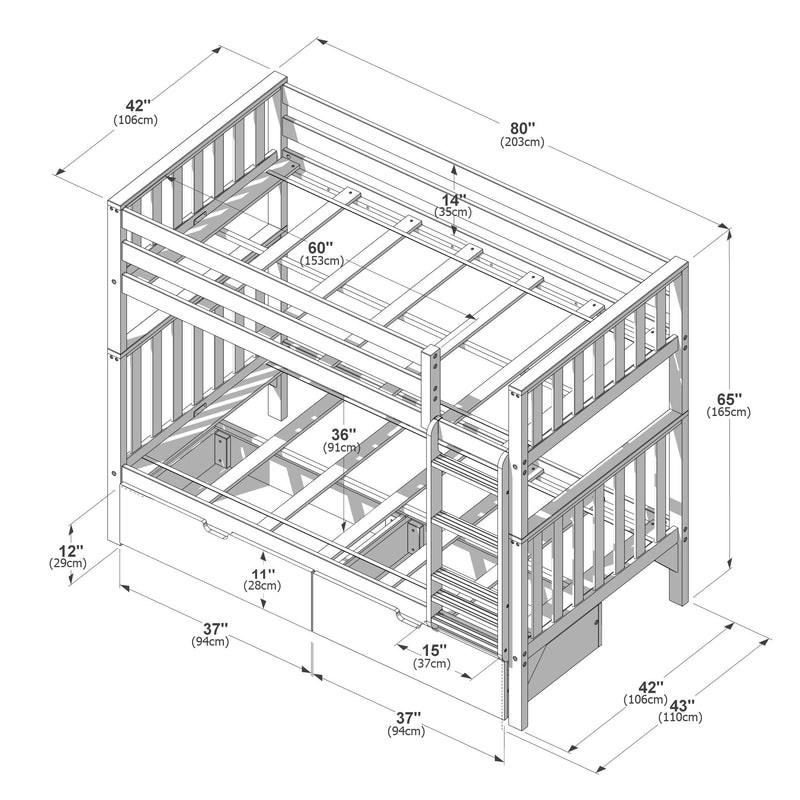 Scandinavian Twin Over Twin Bunk Bed With Storage Drawers