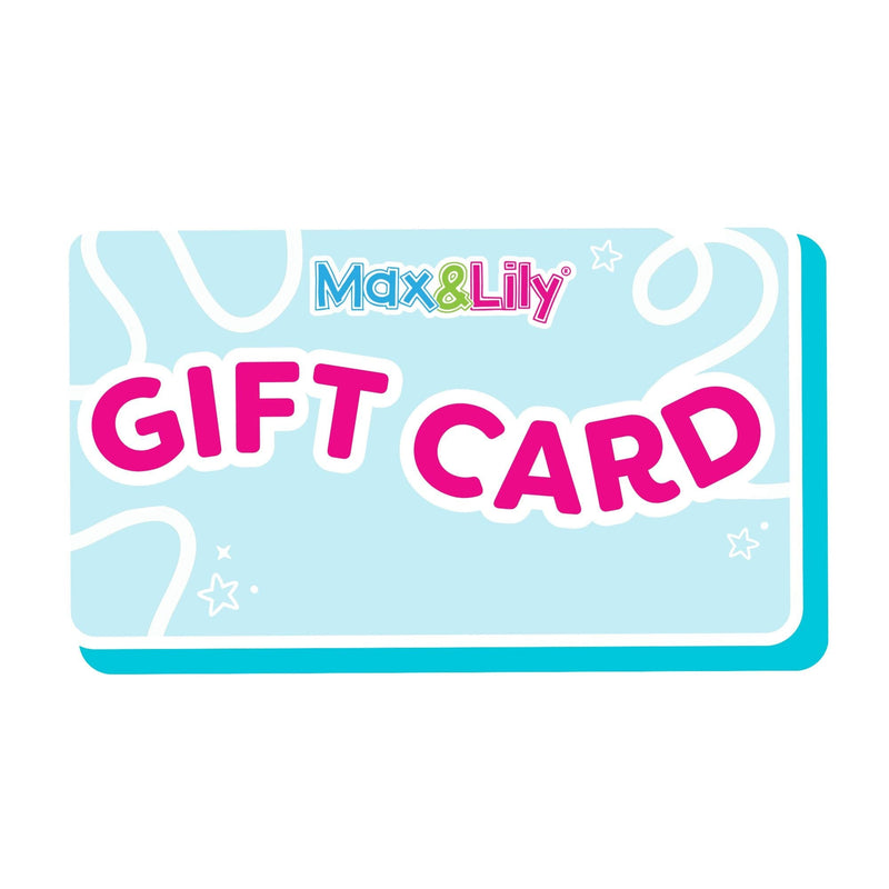 Max & Lily gift card on light blue background with bold pink "GIFT CARD" lettering and playful white accents — children's toy store gift card