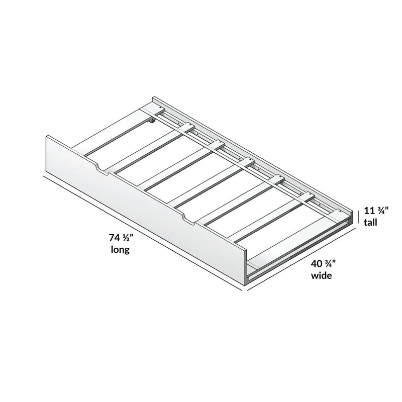 Platform slatted bed frame assembly diagram with dimensions 74.5 in long x 40.75 in wide x 11.75 in tall